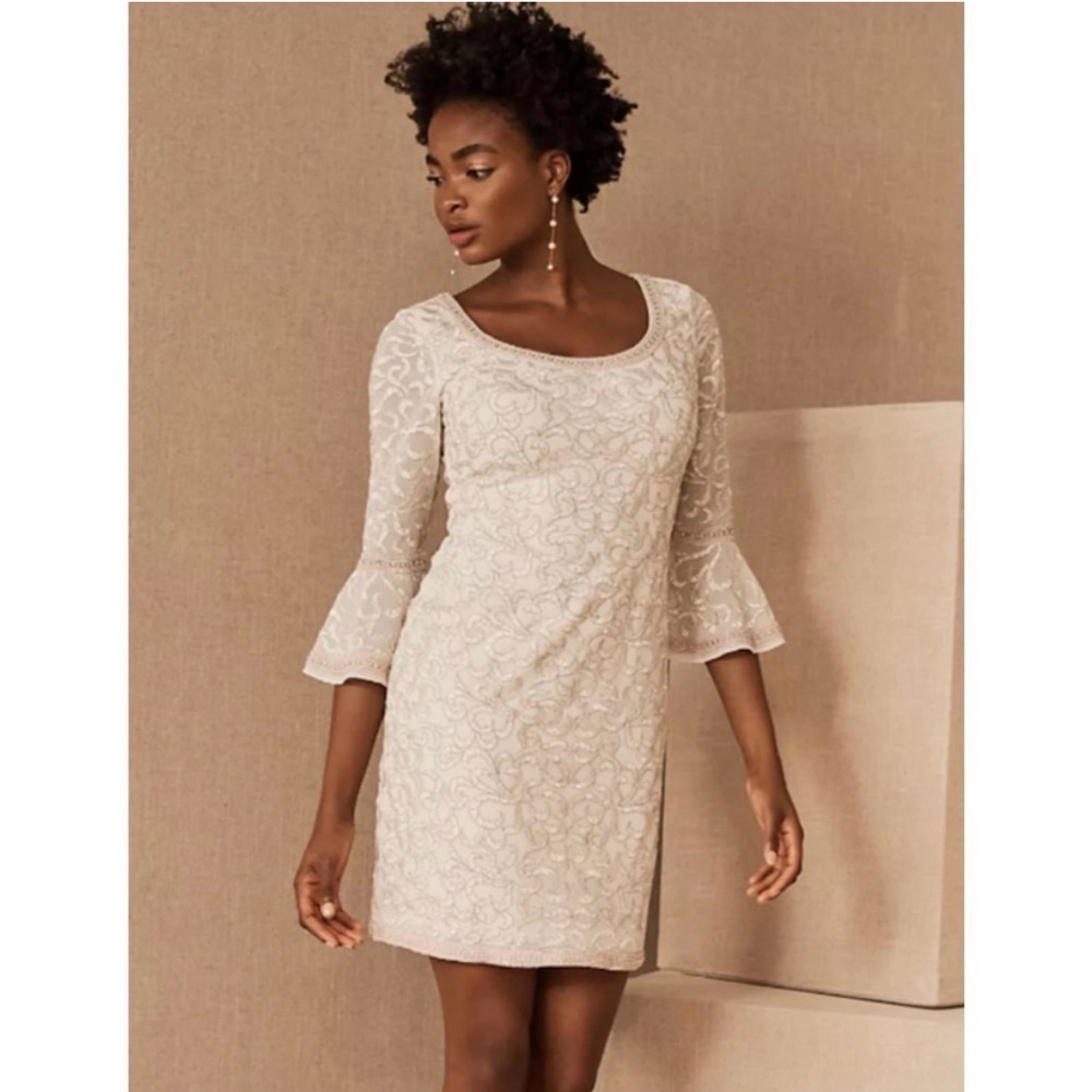 BHLDN Nena Dress Ivory Embroidered Mini Dress With Flare Sleeves Women's Size 6